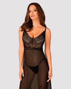 (SALE) Напівпрозора довга сорочка Obsessive Estiqua chemise XL/2XL, чорний, асиметричний крій SO7264 фото