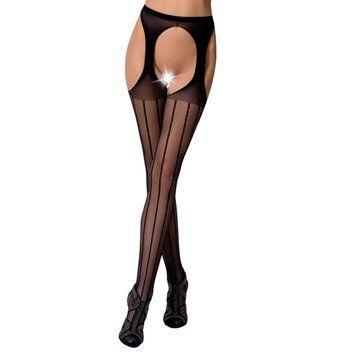 Сітчасті панчохи-стокінги Passion S018 One Size, Black, імітація пояса, сітка з вертикальними смужка PSS018B фото