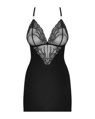 (SALE) Сатиновий комплект для сну з мереживом Obsessive 828-CHE-1 chemise & thong L/XL, чорний, сорочка SO7172 фото