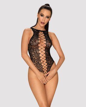 Ажурний бодістокінг із ефектом шнурівки Obsessive B129 teddy black XL/XXL, чорний, з доступом SO7214 фото