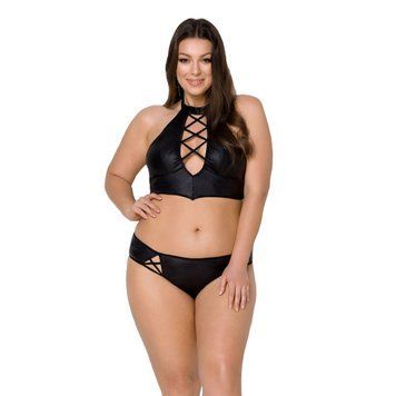 Комплект з екошкіри Passion NANACY BIKINI 4XL/5XL black, бра та трусики з імітацією шнурівки SO7102 фото