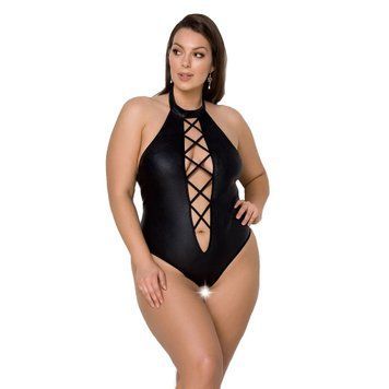 Боді з екошкіри з відкритим доступом Passion &mdash; Nancy Body Plus Size Black SO7104 фото