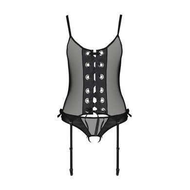 Корсет зі шнурівкою Passion NESSY CORSET XXL/XXXL black, стрінги з відкритим доступом, пажі для панч SO8456 фото
