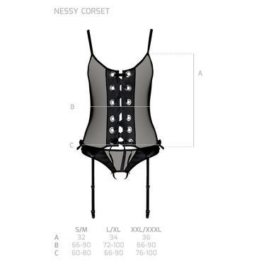 Корсет зі шнурівкою Passion NESSY CORSET XXL/XXXL black, стрінги з відкритим доступом, пажі для панч SO8456 фото