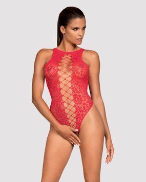 (SALE) Ажурний бодістокінг із ефектом шнурівки Obsessive B120 teddy red S/M/L, червоний SO7208 фото