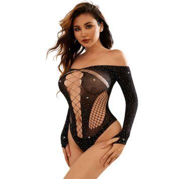 Сітчасте боді зі стразами та імітацією шнурівки JSY &mdash; WW7033 One Size Black SX1814 фото