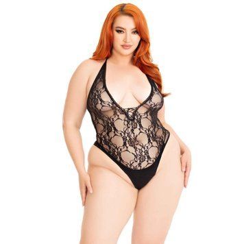 Сітчасте боді з мереживом Leg Avenue &mdash; Floral Lace Deep-V Teddy Plus Size Black SX1084 фото