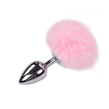 Металева анальна пробка Кролячий хвостик Alive Fluffy Plug L Pink (м'ята упаковка!!!) SO6319-R фото